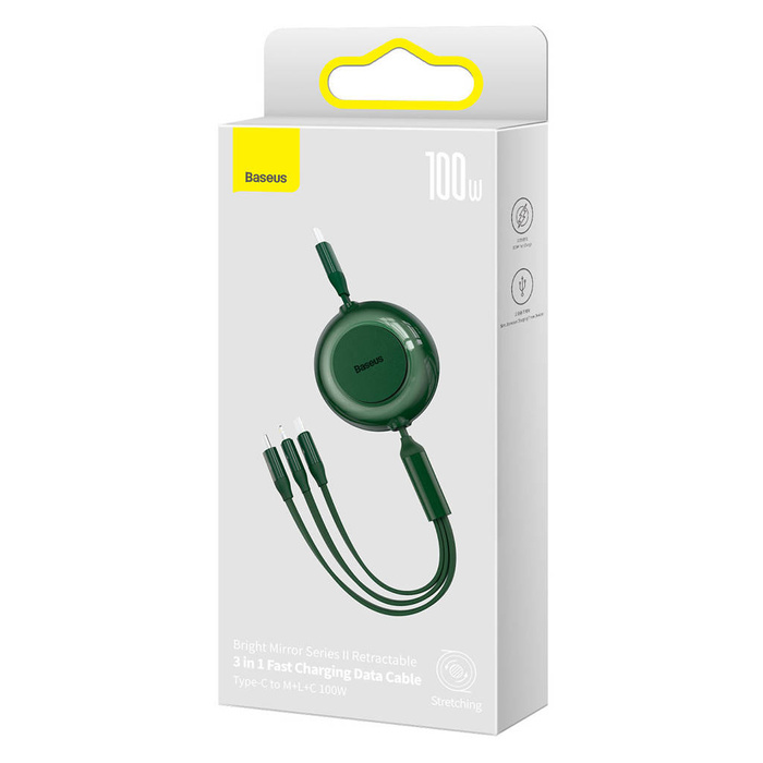 Baseus Bright Mirror 2 cable retráctil 3en1 USB Tipo C - micro USB + Lightning + USB Tipo C 3.5A 1.1m verde (CAMJ010206)