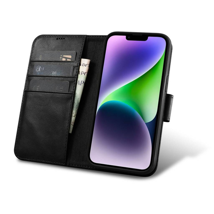 iCarer Oil Wax Wallet Case Pouzdro 2v1 Kožený flipový kryt na iPhone 14 Plus Anti-RFID černý (WMI14220723-BK)