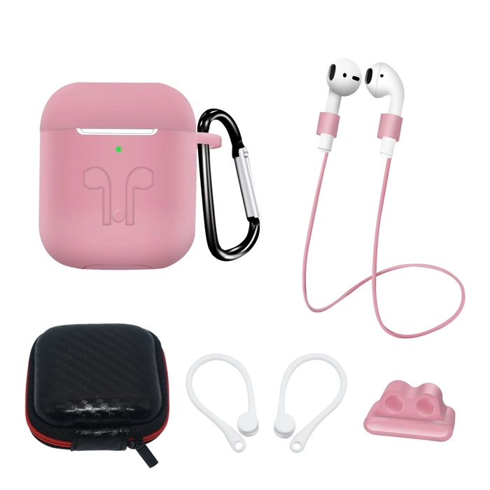 Juego de fundas de silicona para AirPods 2 / AirPods 1 + funda / gancho para la oreja / correa para el cuello / soporte para correa de reloj / mosquetón | azul