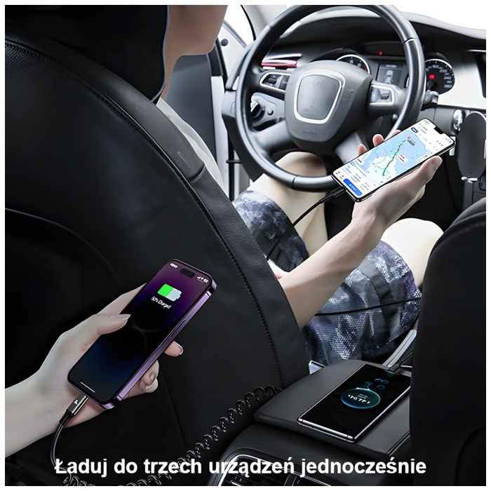 USAMS Charg. sam. 2xUSB-C 1xUSB-A C33 60W s pružinovým kabelem Fast Charge černá/černá CC167CC01 (US-CC167)