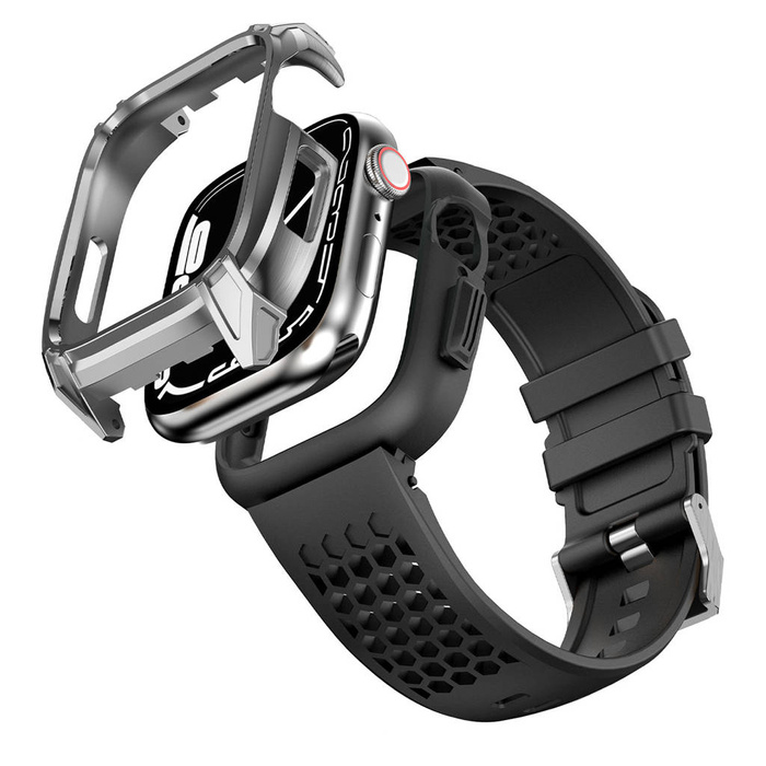Kingxbar CYF148 2in1 Armband für Apple Watch Ultra, SE, 8, 7, 6, 5, 4, 3, 2, 1 (49, 45, 44, 42 mm) mit integriertem Edelstahl-Rüstungsgehäuse Silber
