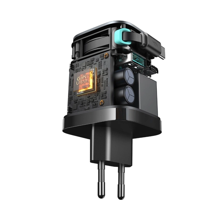 Joyroom JR-TCL02 65W USB-A USB-C GaN-Ladegerät mit integriertem USB-C-Kabel – Schwarz