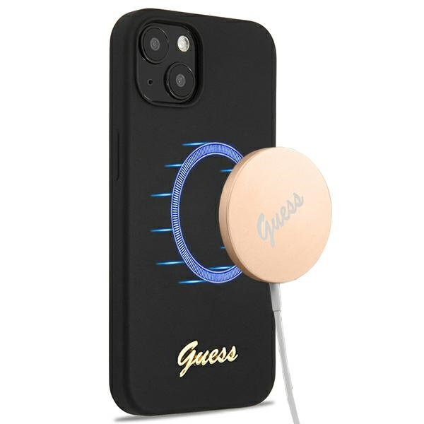 Pouzdro GUESS Apple iPhone 13 Silicone Script Gold Logo Black Hardcase