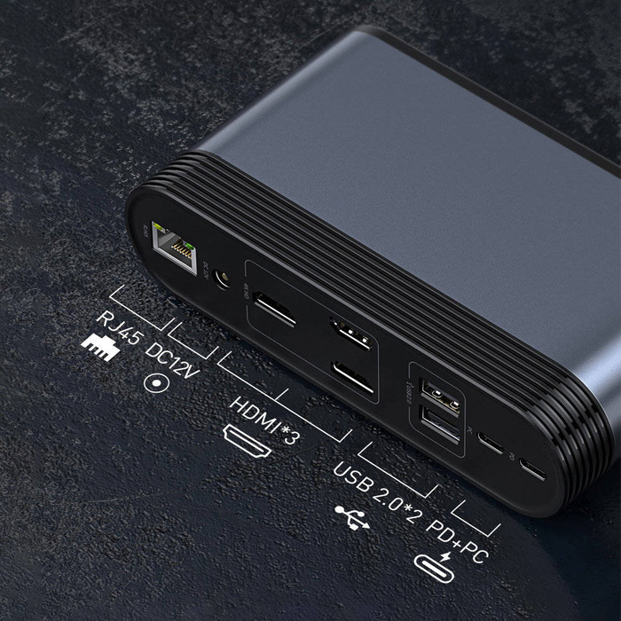 Baseus multifunkčný HUB 3x USB 3.2 Gen 1 / 2x USB Typ C / SD a micro SD / AUX / 2x DisplayPort / 2x HDMI / RJ45 1Gbps Napájanie 100 W (zástrčky EÚ / CN / UK) sivá (CAHUB-DG0G)