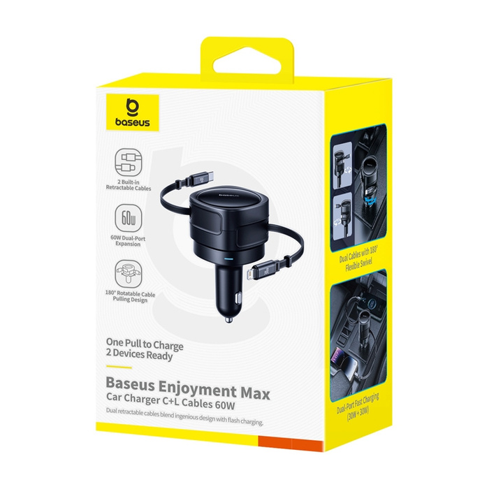 Ładowarka samochodowa Baseus Enjoyment Max z kablami USB-C+Lightning 60W Czarny