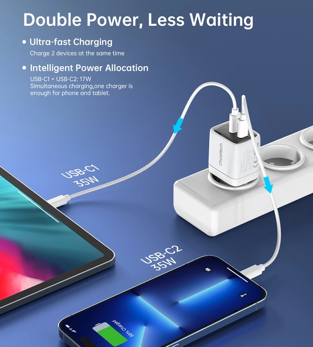 Choetech PD6051 2x USB-C PD 35W GaN nástěnná nabíječka s displejem - bílá