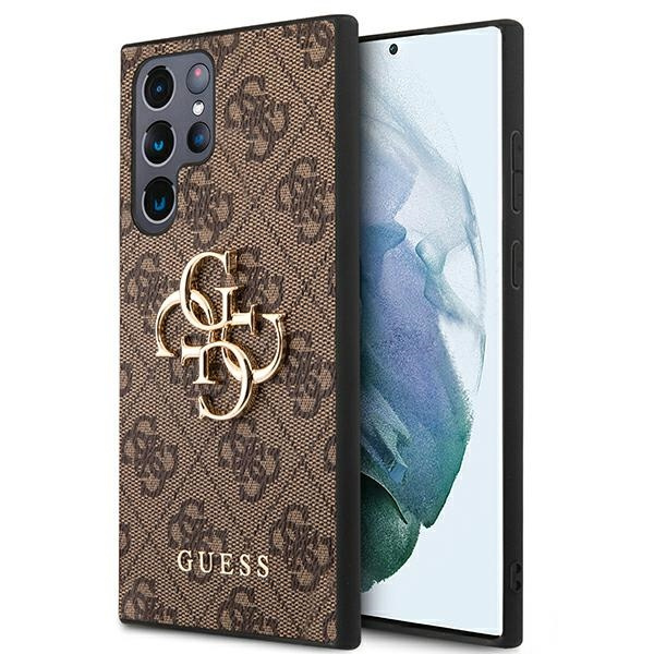 Telefontok GUESS Samsung Galaxy S22 Ultra 4G nagy fém logóval, barna kemény tokkal