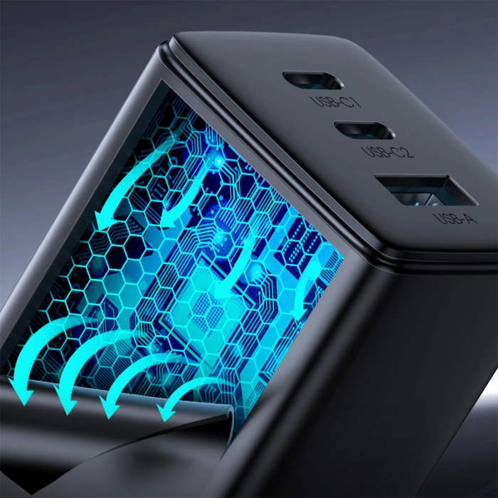 Ładowarka sieciowa Joyroom JR-TCG01 Ultra GaN 65W 2 x USB-C + 1 x USB-A (wtyczka UK) z kablem USB-C 100W 1,2m - czarna