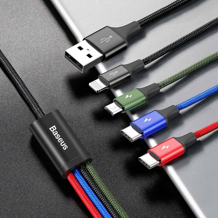 Baseus kabel USB 4v1 Lightning / 2x USB Type C / micro USB kabel s nylonovým opletem 3,5A 1,2m černý (CA1T4-B01)