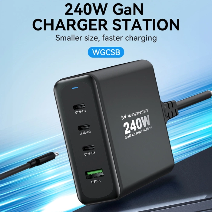 Wozinsky WGCSB 240W GaN nástěnná nabíječka USB-A / 3 x USB-C - černá