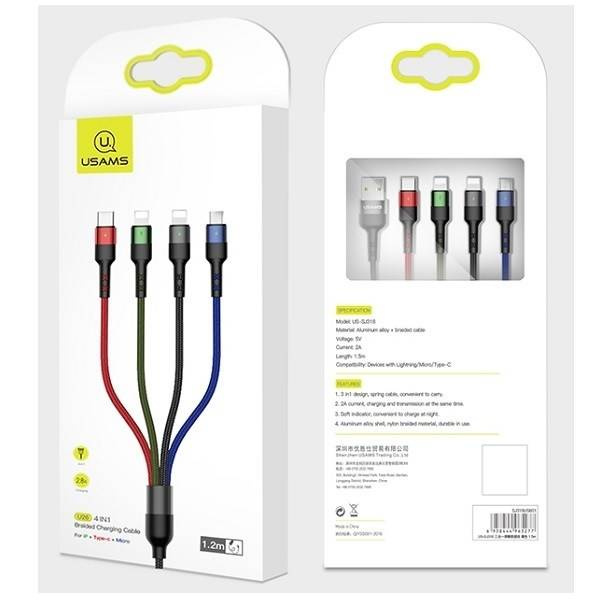 USAMS Flechtkabel 4in1 2xLightning MicroUSB USB-C 2A Schnellladung 0.35m Schwarz