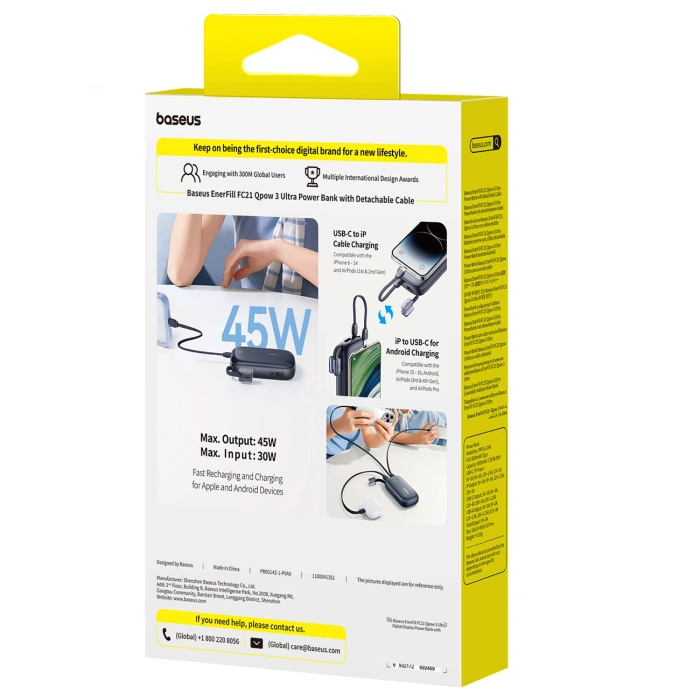 Powerbank Baseus EnerFill FC21 Qpow 3 Ultra 10000mAh 45W z dołączonym kablem-smyczą - czarny