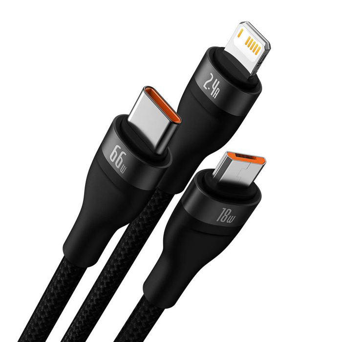 Baseus Flash Series Ⅱ 3in1 Cavo di ricarica rapida da USB-A a USB-C / Micro-USB / Lightning 66 W 480 Mbps 1,2 m Nero