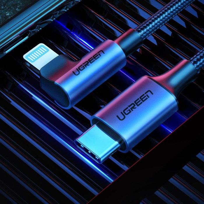 Ugreen MFI pravoúhlý kabel s boční zástrčkou USB typu C - Lightning Power Delivery 3 A 1 m šedý (60763 US305)