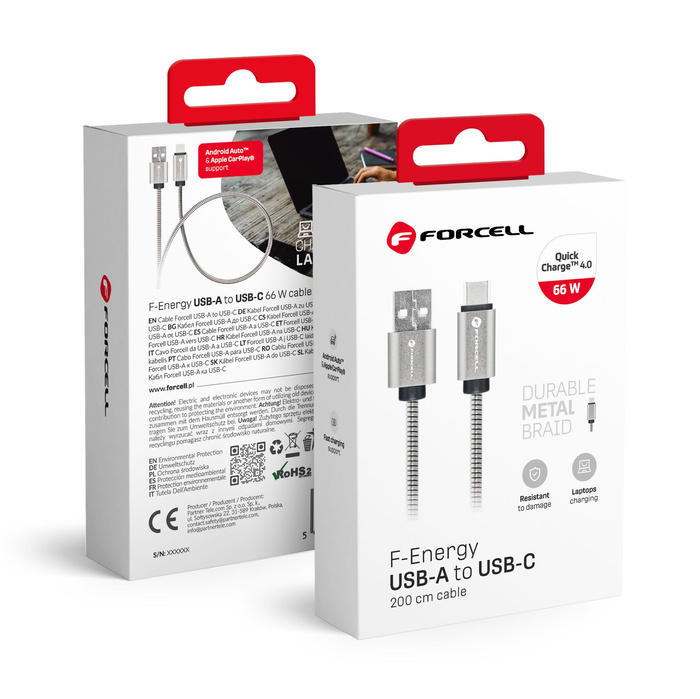 Kabel USB A do USB C Forcell F-Energy QC4.0 3A 66W Metal 2 m C234 srebrny