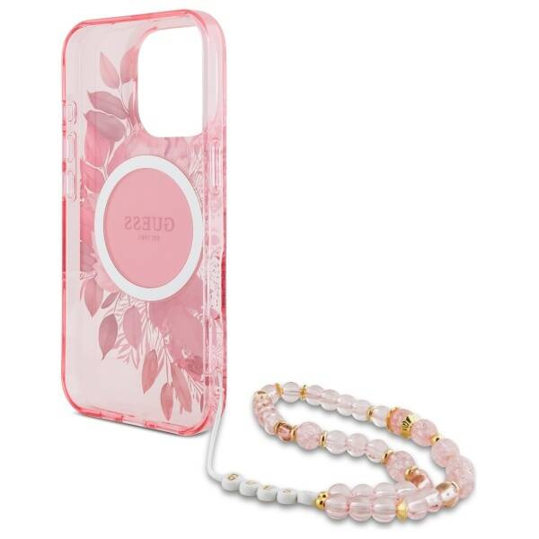 Etui Guess iPhone 16 Pro 6.3" różowy/pink hardcase IML Flowers With Pearl Strap MagSafe