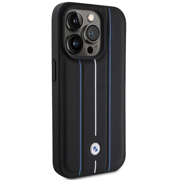 Coque Bmw Bmhcp15l22rvsk IPhone 15 Pro 6.1" Black/Black Hardcase Leather Stamp Blue Lines Case