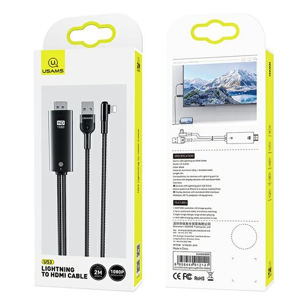 USAMS USB HDMI Cable Apple Lightning U53 US-SJ442 2m Black