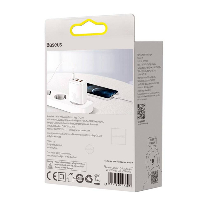 [APRÈS RETOUR] Chargeur rapide Baseus Compact USB Type C / 2x USB 30W 3A Power Delivery Quick Charge blanc (CCXJ-E02)
