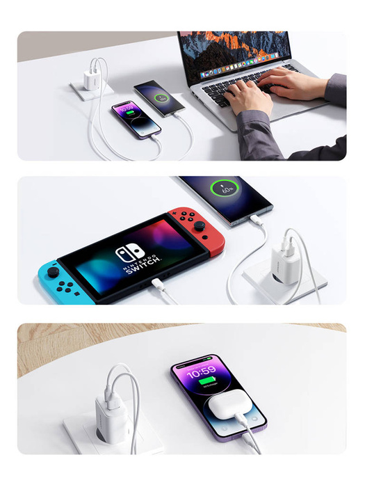 Joyroom JR-TCF05 20W USB-C / USB-A Rychlá dvouportová nástěnná nabíječka – bílá + USB-C – Lightning 1m