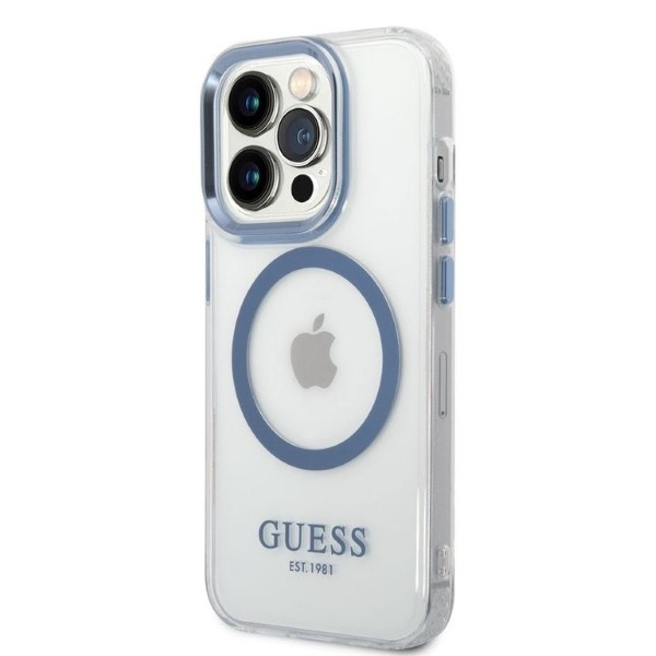 Puzdro Guess iPhone 14 Pro 6,1" modrá/modrá tvrdá case Kovový obrys MagSafe