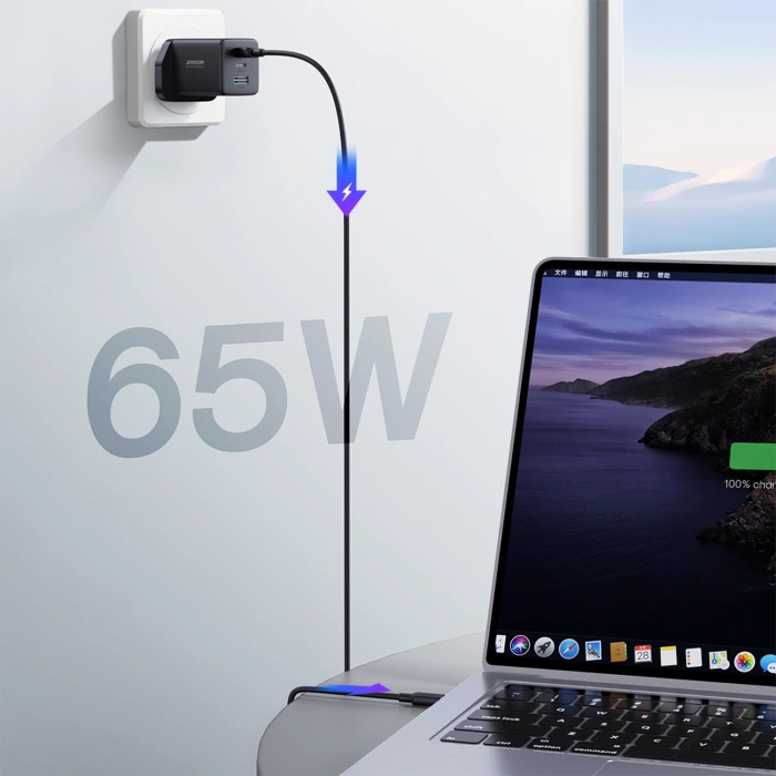 Ładowarka sieciowa Joyroom JR-TCG01 Ultra GaN 65W 2 x USB-C + 1 x USB-A (wtyczka UK) z kablem USB-C 100W 1,2m - czarna