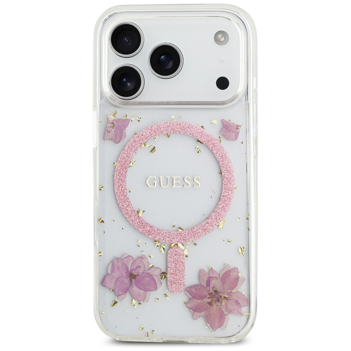 Etui Guess Resin Flowers Glitter MagSafe do iPhone 17 Pro różowy