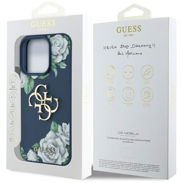 Etui Guess Grained Roses Big 4G logo do  iPhone 16 Pro niebieski