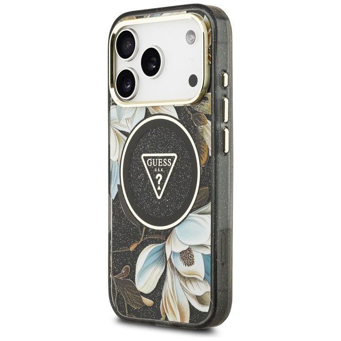Etui Guess IML Glitter Flowers Triangle  MagSafe do iPhone 17 Pro czarny