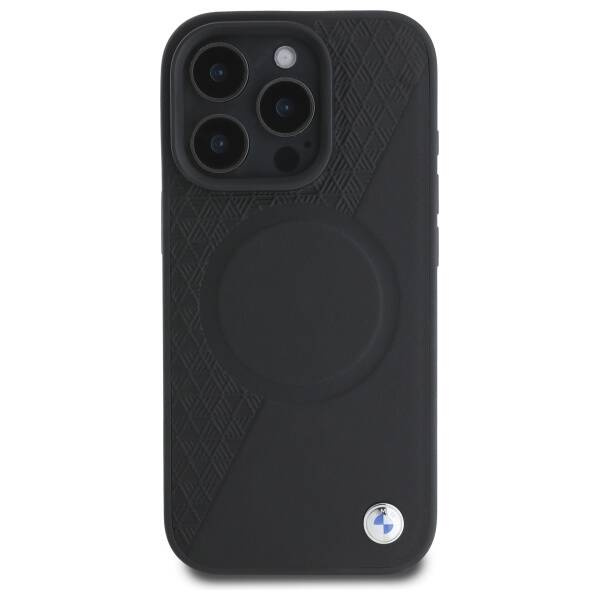 Coque BMW iPhone 16 Pro Max noir/noircase Panneau de signalisation en cuir demi texturé et cerclé MagSafe