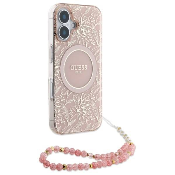 Etui Guess iPhone 16 Plus 6.7" różowy/pink hardcase IML Flowers Allover Electro With Pearl Strap MagSafe