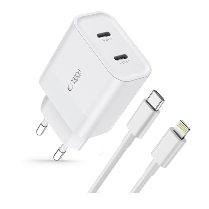 TECH-PROTECT C20W 2-PORTOVÁ SÍŤOVÁ NABÍJEČKA PD20W + LIGHTNING KABEL BÍLÁ