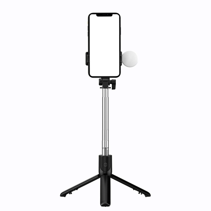 Selfie-Stick WH1YXS Teleskopstativ 1 m mit runder Lampe und Telefonhalter – Schwarz