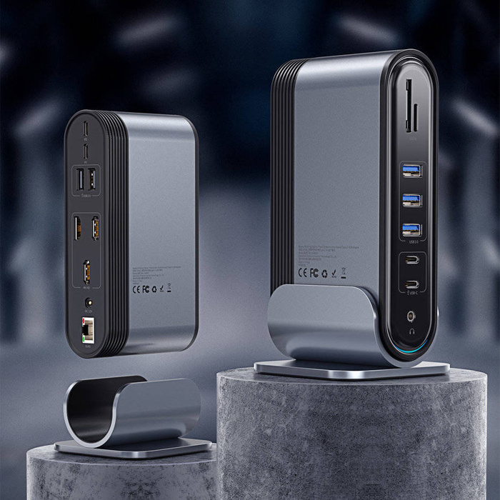 Baseus multifunkčný HUB 3x USB 3.2 Gen 1 / 2x USB Typ C / SD a micro SD / AUX / 2x DisplayPort / 2x HDMI / RJ45 1Gbps Napájanie 100 W (zástrčky EÚ / CN / UK) sivá (CAHUB-DG0G)