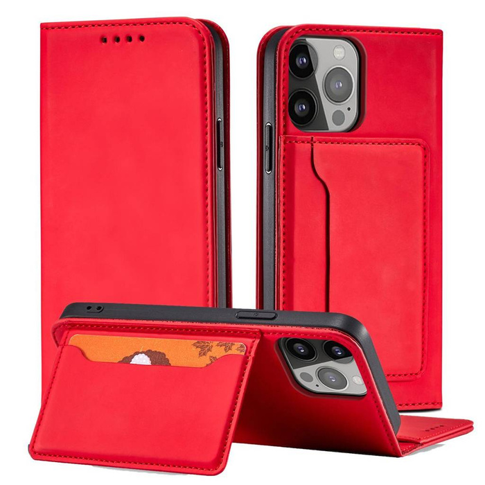 Magnet Card Case obal iPhone 14 flip cover wallet stand red