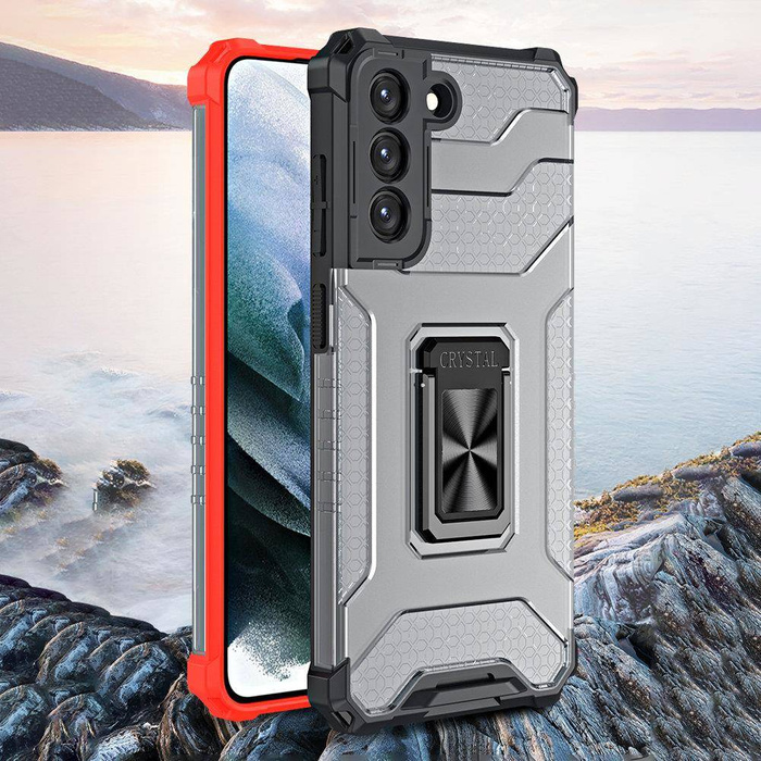 Crystal Ring Case Kickstand Cover robusta e robusta per Samsung Galaxy S22+ (S22 Plus) blu