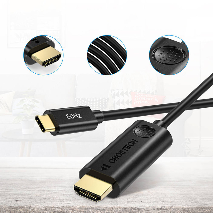 Choetech jednosměrný adaptér kabel adaptér z USB typu C (samec) na HDMI 2.0 (samec) 4K 60Hz 1,8 m černý (CH0019)
