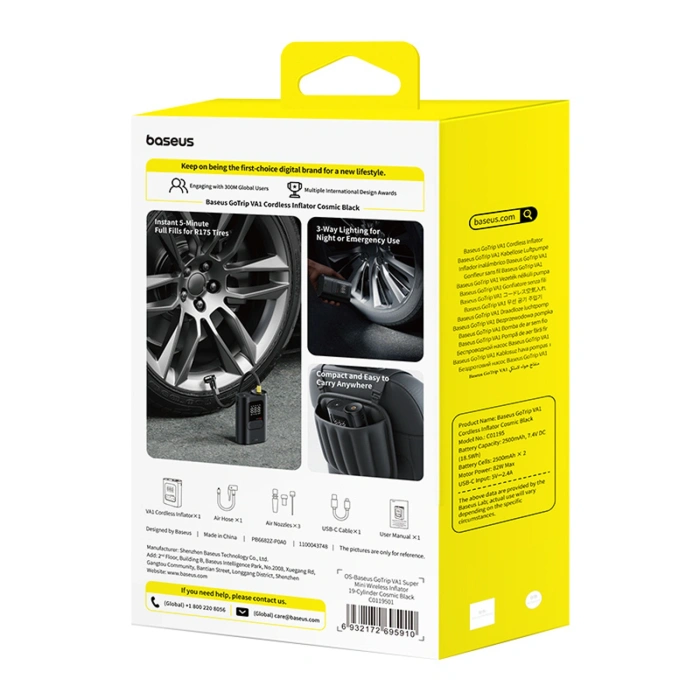 Kompresor bezprzewodowy Baseus GoTrip VA1 Super Mini z 3 końcówkami - czarny