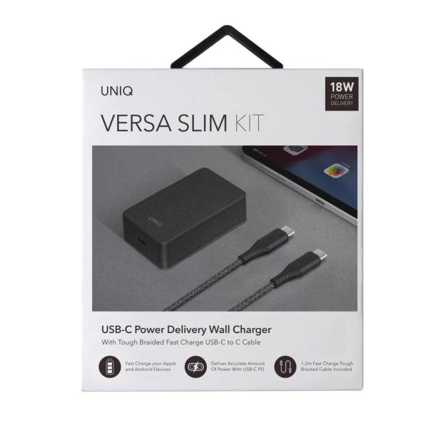 Nabíjačka UNIQ Versa Slim USB-C PD 18W + kábel USB-C na USB-C (LITHOS Collective) čierna