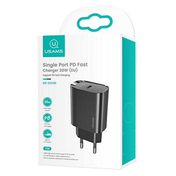 USAMS 1XUSB-C 20W PD3.0 Schnellladegerät US-CC131 Schwarz