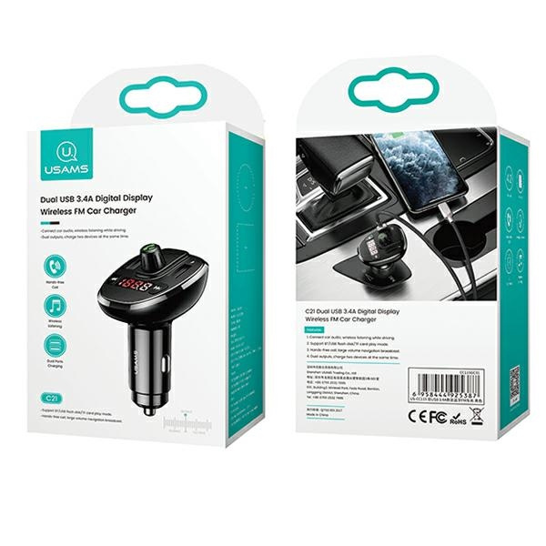 USAMS Reproduktor s FM vysielačom Bluetooth 5.0 MP3 prehrávač Nabíjačka 2xUSB 3,4A C21 CC115GC01 US-CC115 Black