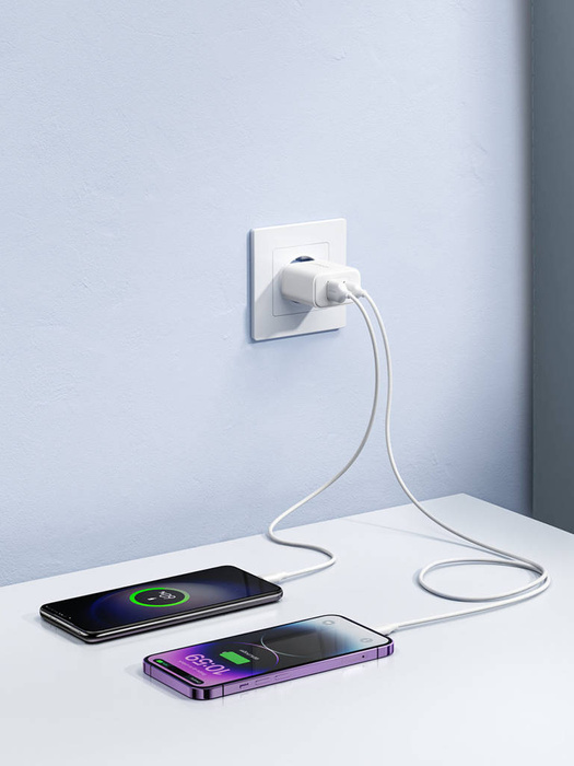 Chargeur Mural Double Port Rapide Joyroom JR-TCF05 20W USB-C / USB-A - Blanc + USB-C - Lightning 1m