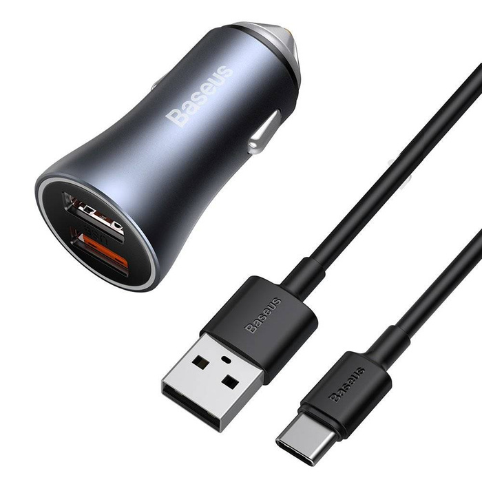 Baseus Golden Contactor Pro Quick Charger Chargeur de voiture 2x USB 40 W Quick Charge SCP FCP AFC + cable USB - USB Type C gris (TZCCJD-A0G)