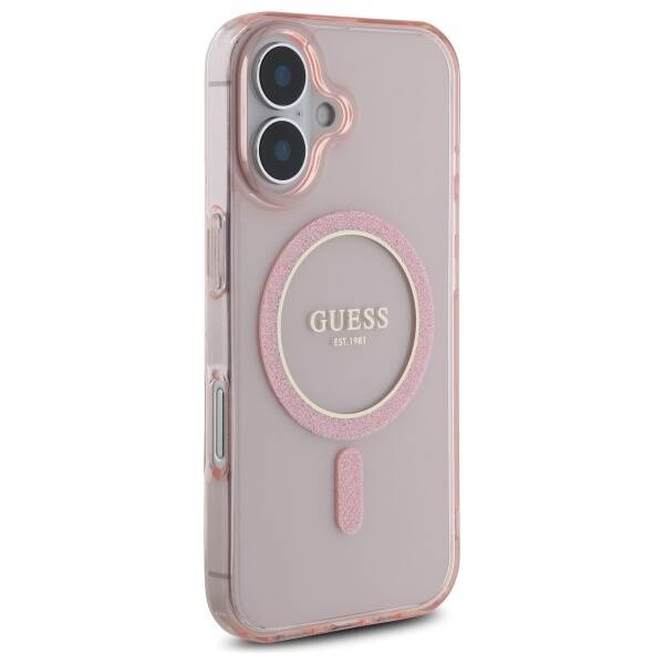 Etui Guess iPhone 16 różowy/pink hardcase IML Glitter Circle MagSafe