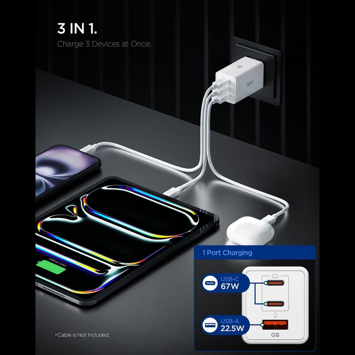 Spigen ESSENTIAL EE673EU CHARGEUR RÉSEAU 3 PORTS 67W BLANC