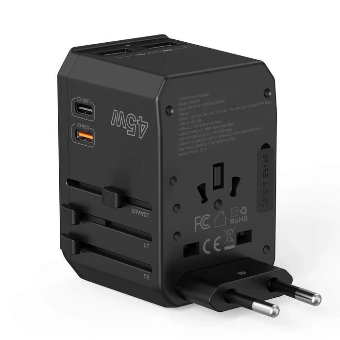 Caricabatterie da viaggio GaN USB-C USB-A 45W Choetech PD6045 con prese US EU UK AU - Nero