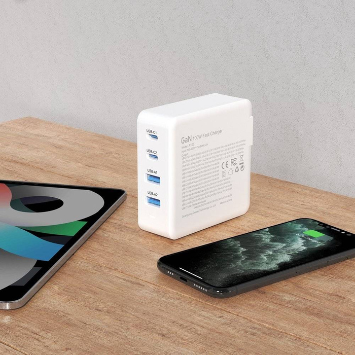 Caricabatterie rapido GaN 100W 2 x USB-C / 2 x USB Dudao A100EU - bianco