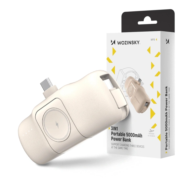 Mini powerbank Wozinsky WF16-YCS 5000mAh 15W USB-C z wbudowanym kablem USB-C i ładowarką do Apple Watch - beżowy