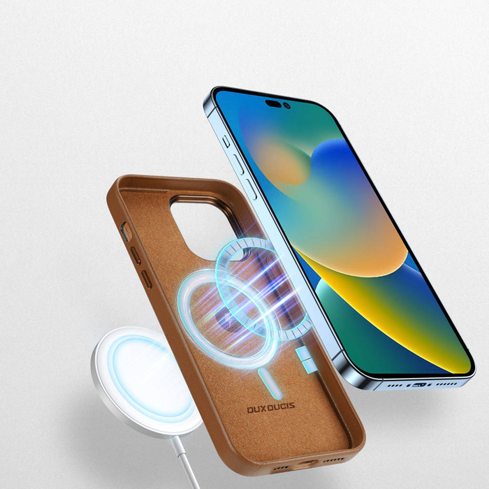 Kožený kryt Dux Ducis Grit pro iPhone 14 Pro Max Elegantní kryt z umělé kůže (kompatibilní s MagSafe) Hnědý