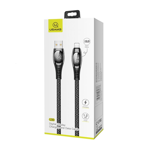 Braided Cable USAMS Lightning 2A Fast Charging LED 1.2m Black